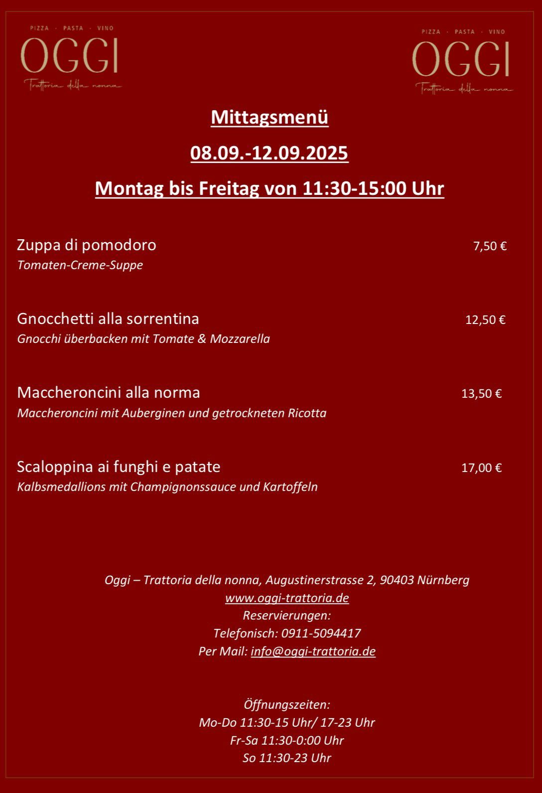 Mittagskarte OGGI Trattoria della nonna, italienisch, italienisches Restaurant, Zentrum Nürnbergs, Hauptmarkt, Altstadt, Nürnberg, Augustinerstr. 2
