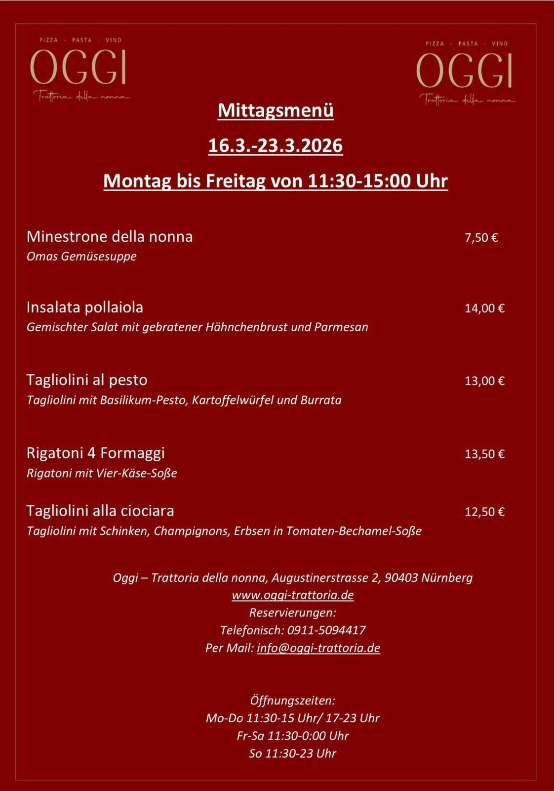 Mittagskarte OGGI Trattoria della nonna, italienisch, italienisches Restaurant, Zentrum Nürnbergs, Hauptmarkt, Altstadt, Nürnberg, Augustinerstr. 2