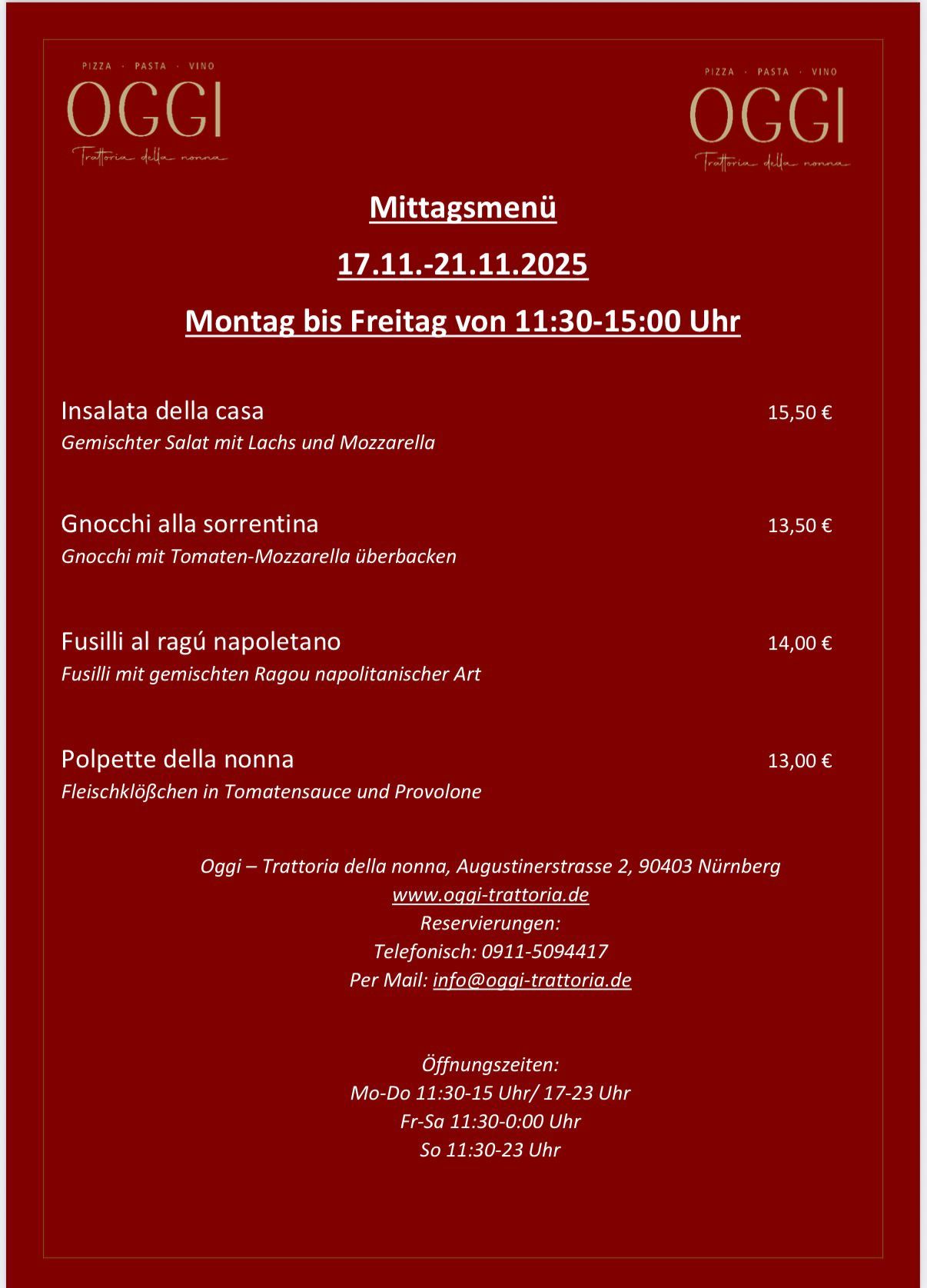 Mittagskarte OGGI Trattoria della nonna, italienisch, italienisches Restaurant, Zentrum Nürnbergs, Hauptmarkt, Altstadt, Nürnberg, Augustinerstr. 2