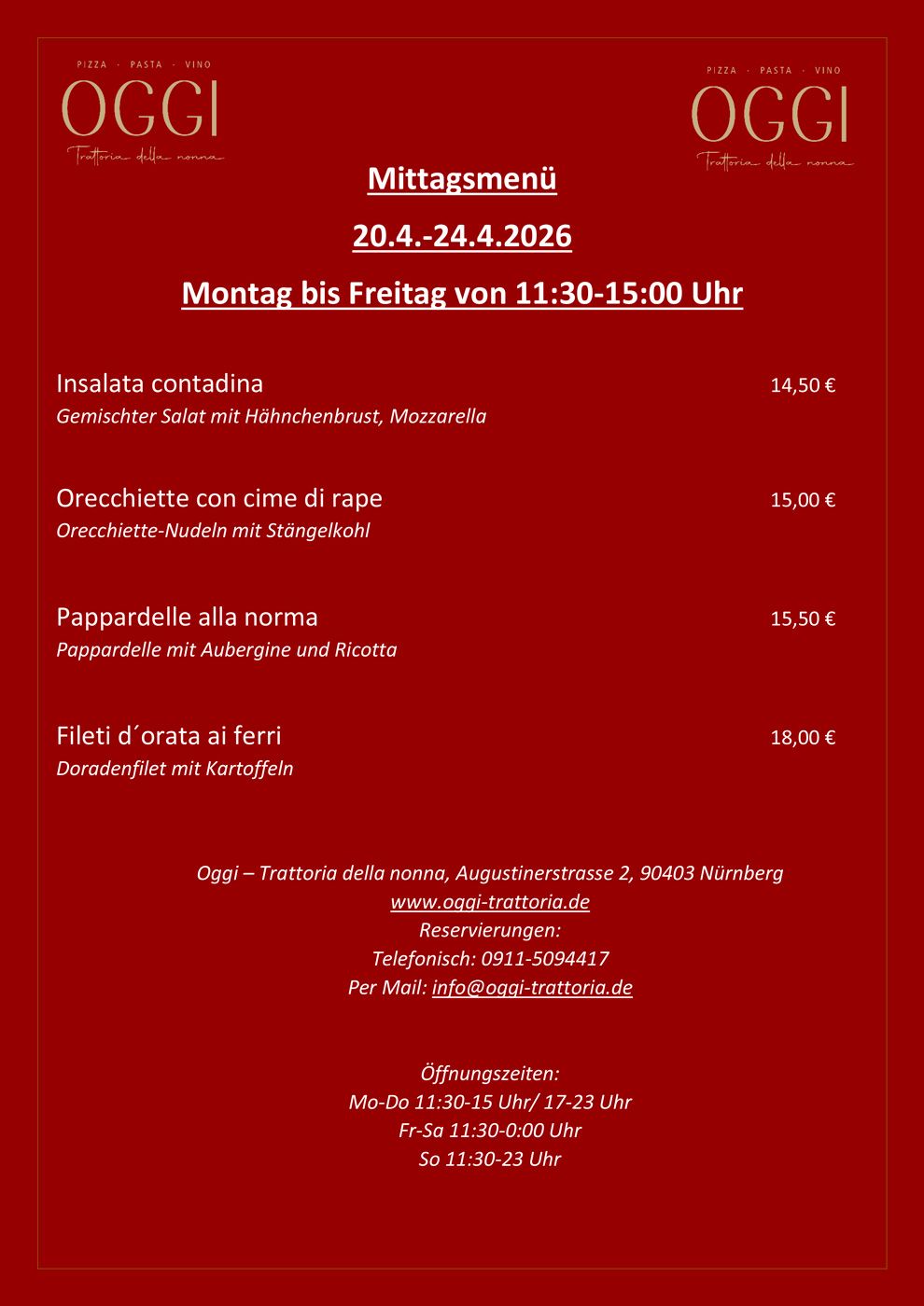 Mittagskarte OGGI Trattoria della nonna, italienisch, italienisches Restaurant, Zentrum Nürnbergs, Hauptmarkt, Altstadt, Nürnberg, Augustinerstr. 2