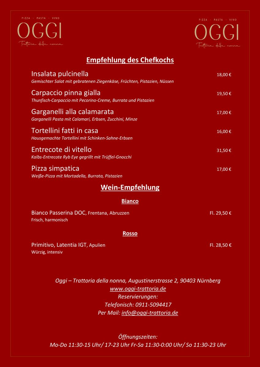 OGGI Wochenkarte, Italiener, italienisch, Nähe Hauptmarkt, Hauptmarkt, Restaurant, OGGI Trattoria della nonna, italienisches Restaurant