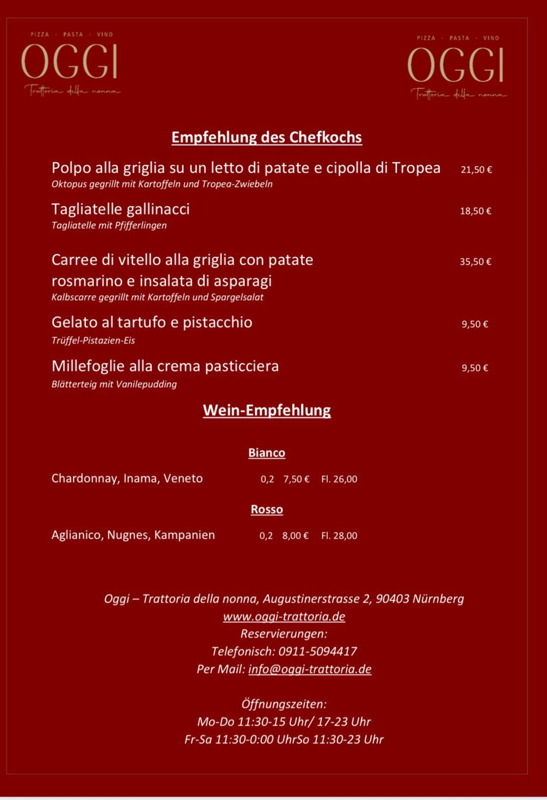 OGGI Wochenkarte, Italiener, italienisch, Nähe Hauptmarkt, Hauptmarkt, Restaurant, OGGI Trattoria della nonna, italienisches Restaurant