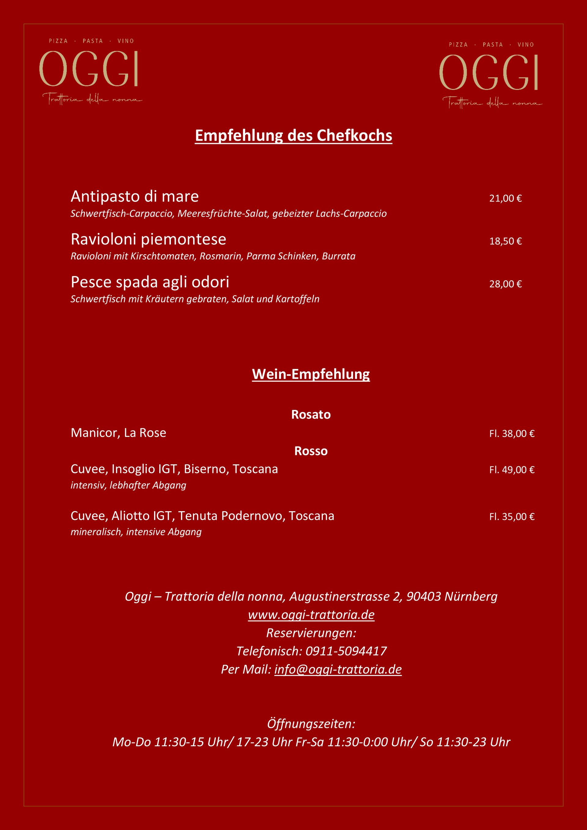 OGGI Wochenkarte, Italiener, italienisch, Nähe Hauptmarkt, Hauptmarkt, Restaurant, OGGI Trattoria della nonna, italienisches Restaurant