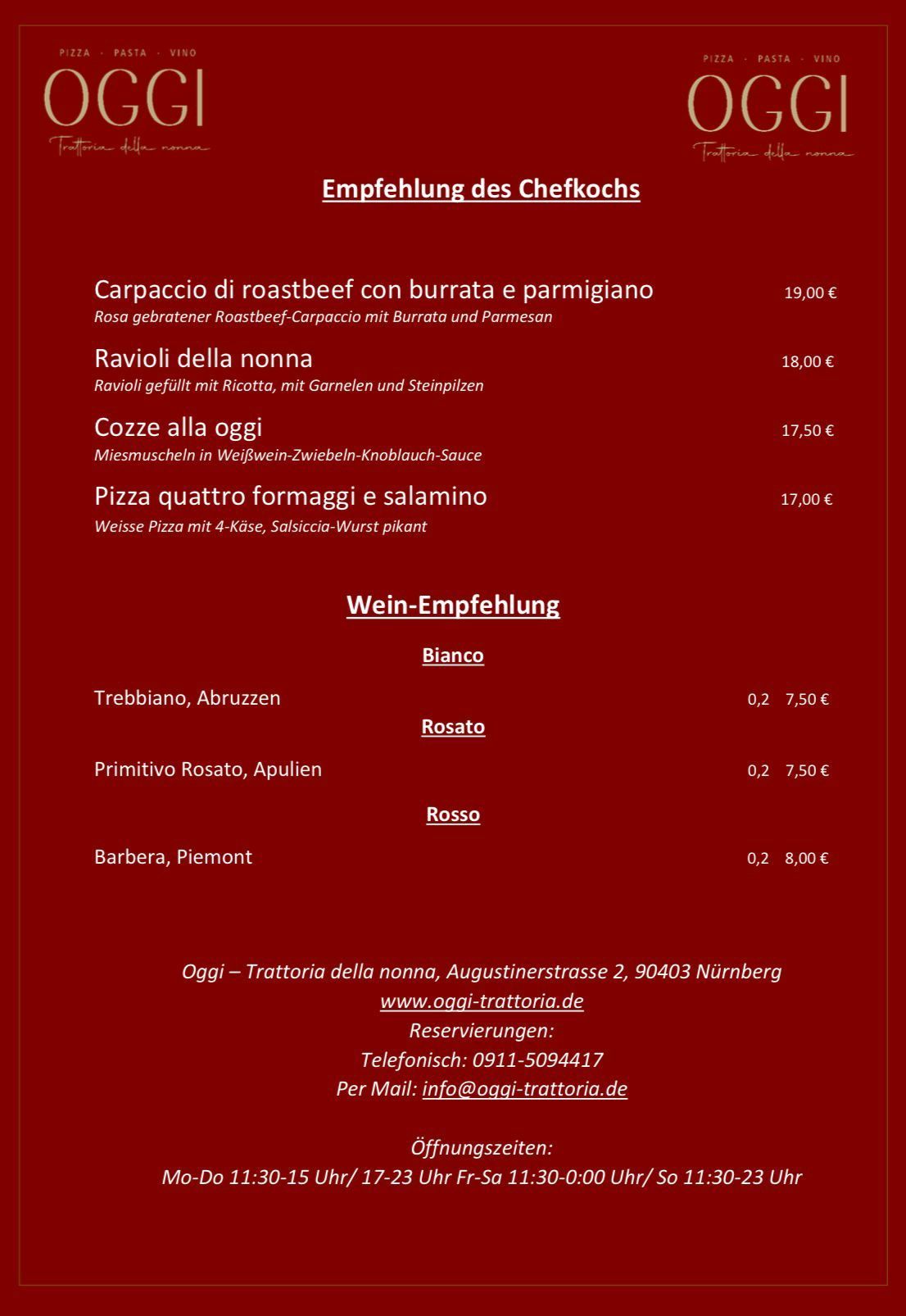 OGGI Wochenkarte, Italiener, italienisch, Nähe Hauptmarkt, Hauptmarkt, Restaurant, OGGI Trattoria della nonna, italienisches Restaurant