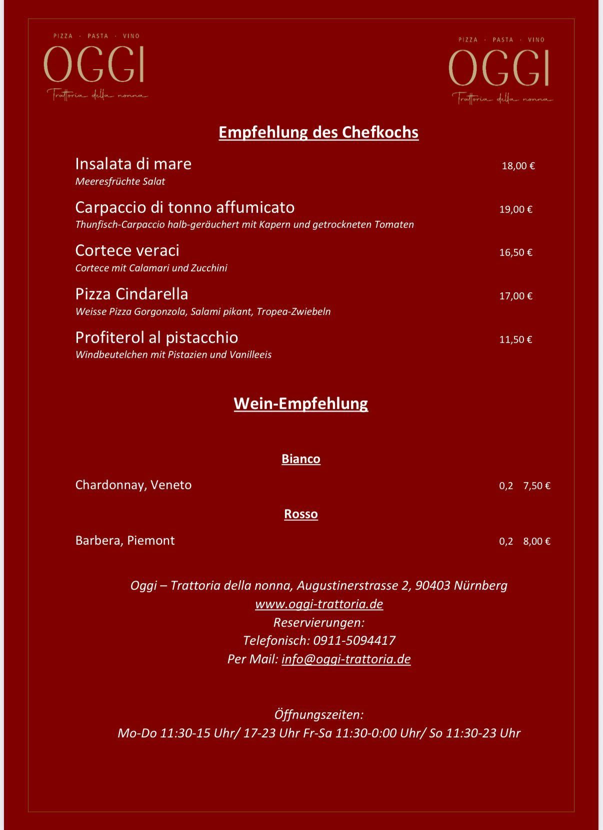 OGGI Wochenkarte, Italiener, italienisch, Nähe Hauptmarkt, Hauptmarkt, Restaurant, OGGI Trattoria della nonna, italienisches Restaurant