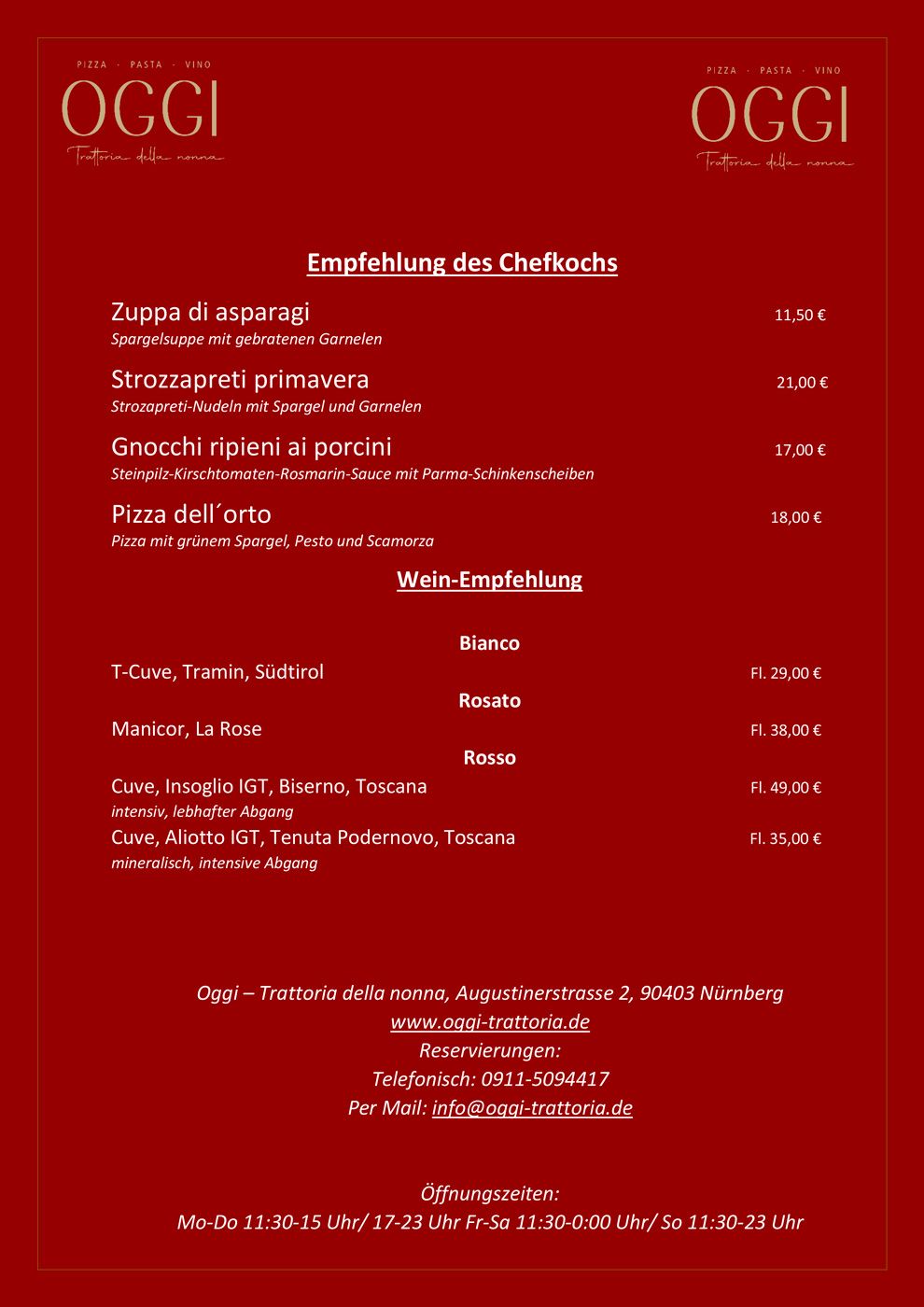 OGGI Wochenkarte, Italiener, italienisch, Nähe Hauptmarkt, Hauptmarkt, Restaurant, OGGI Trattoria della nonna, italienisches Restaurant
