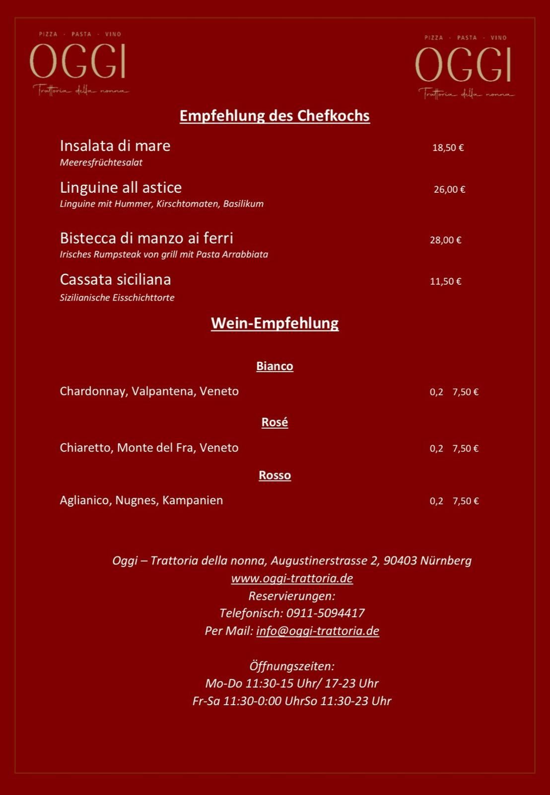OGGI Wochenkarte, Italiener, italienisch, Nähe Hauptmarkt, Hauptmarkt, Restaurant, OGGI Trattoria della nonna, italienisches Restaurant