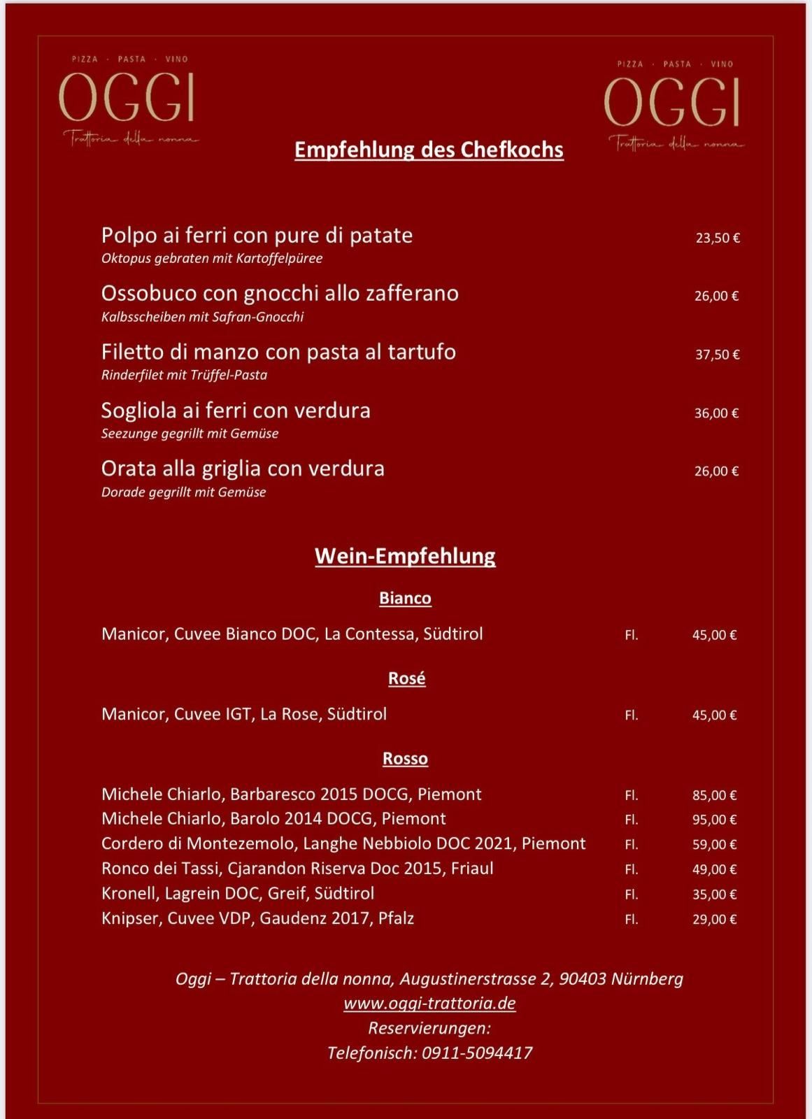 OGGI Wochenkarte, Italiener, italienisch, Nähe Hauptmarkt, Hauptmarkt, Restaurant, OGGI Trattoria della nonna, italienisches Restaurant