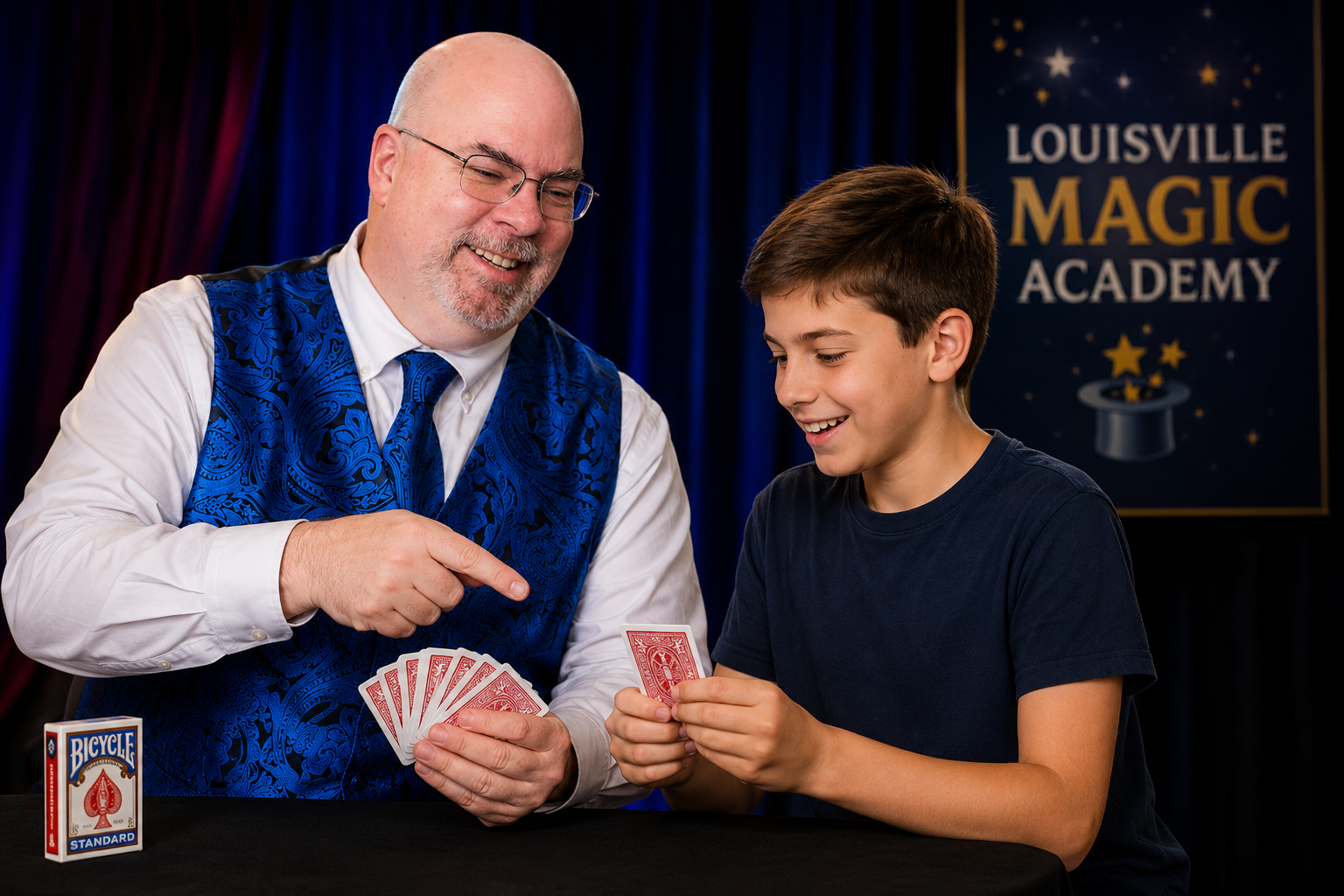 Magician and boy smiling over playing cards at Louisville Magic Academy stage