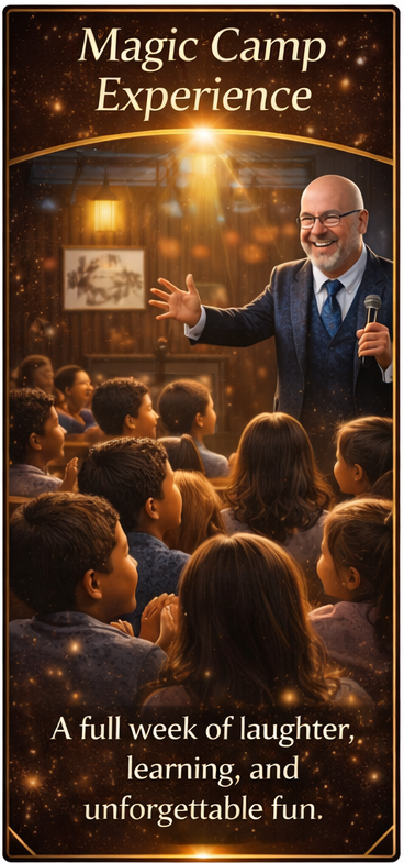 A magician performs for an audience of children on a lit stage, with text reading 