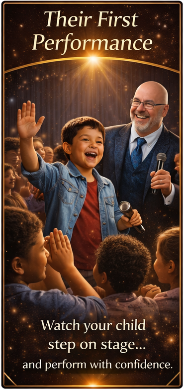 A smiling child performs on stage with a mentor as an audience claps. Text reads: 