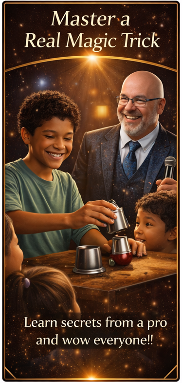 An adult mentor teaches a child how to perform a cup-and-ball magic trick with a joyful, encouraging atmosphere.