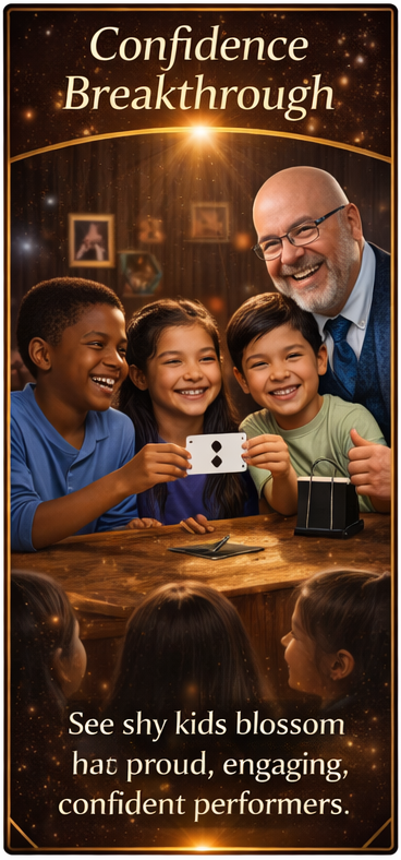 An adult mentor watches two smiling children perform a card trick in a warm, sparkling, indoor setting.