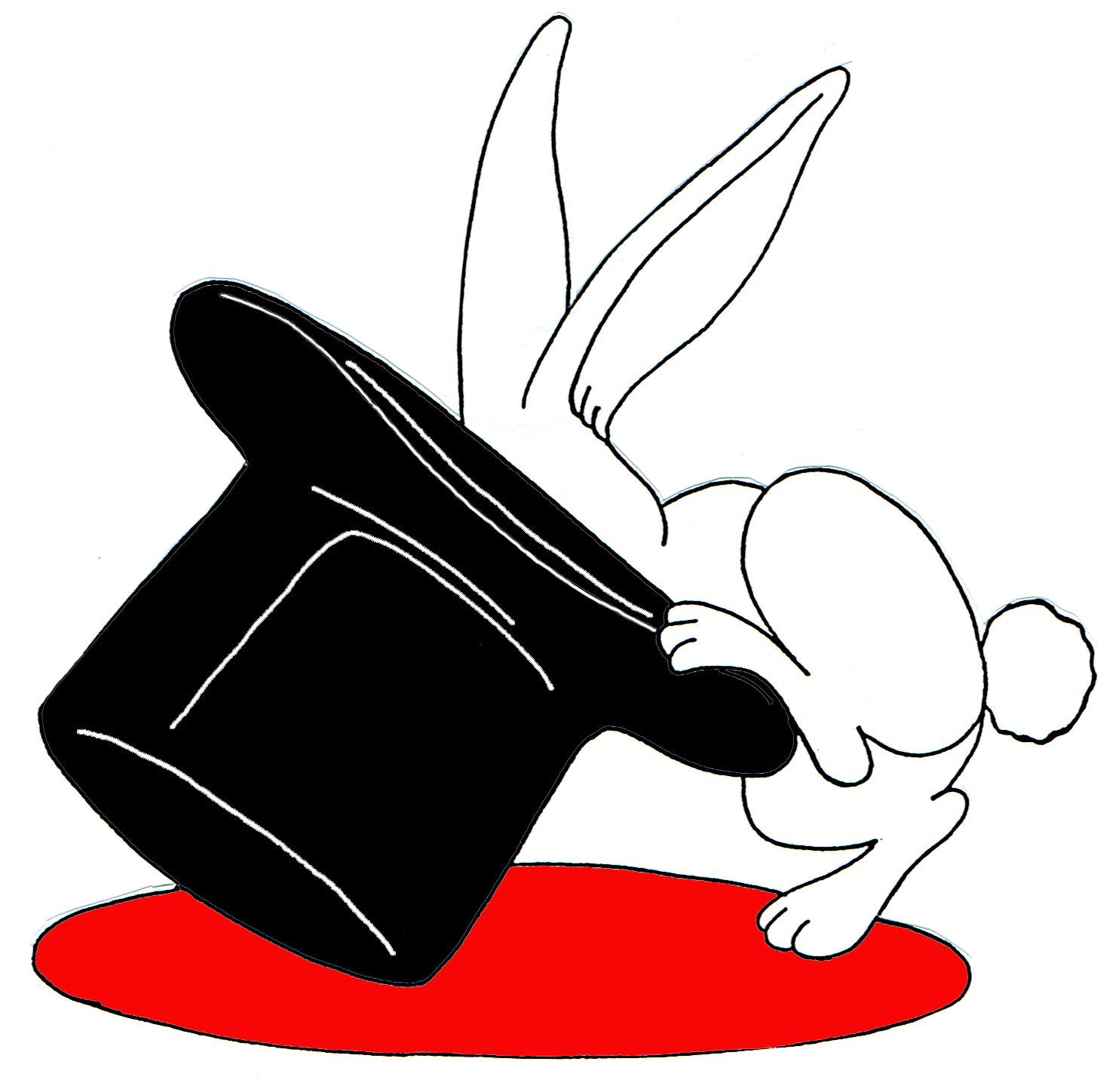 Rabbit jumping into black tophat with red shadow
