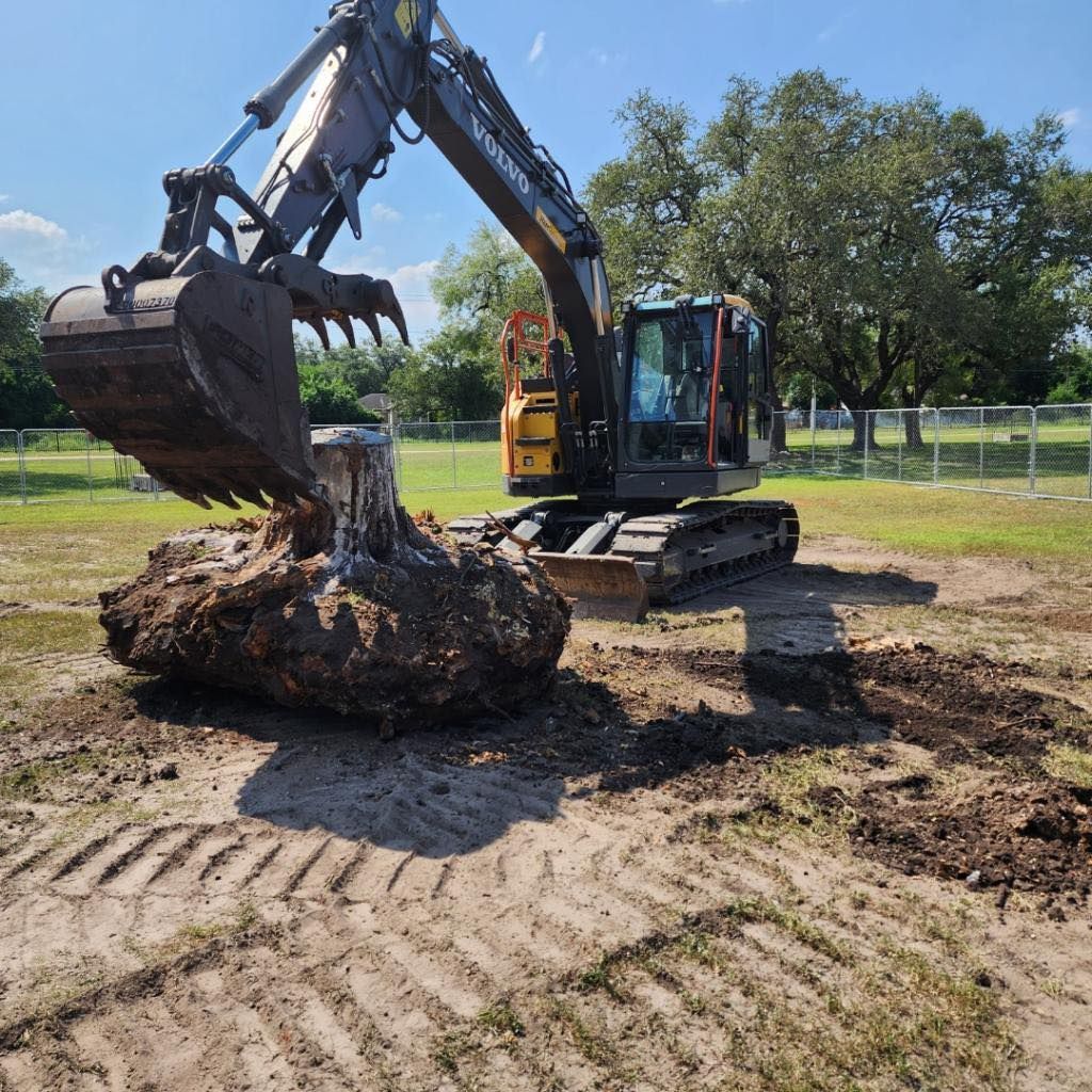 Excavator lifts a large dirt and root mass, on a construction site.