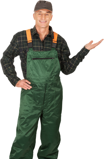 Man in green overalls and plaid shirt gesturing with open hand.