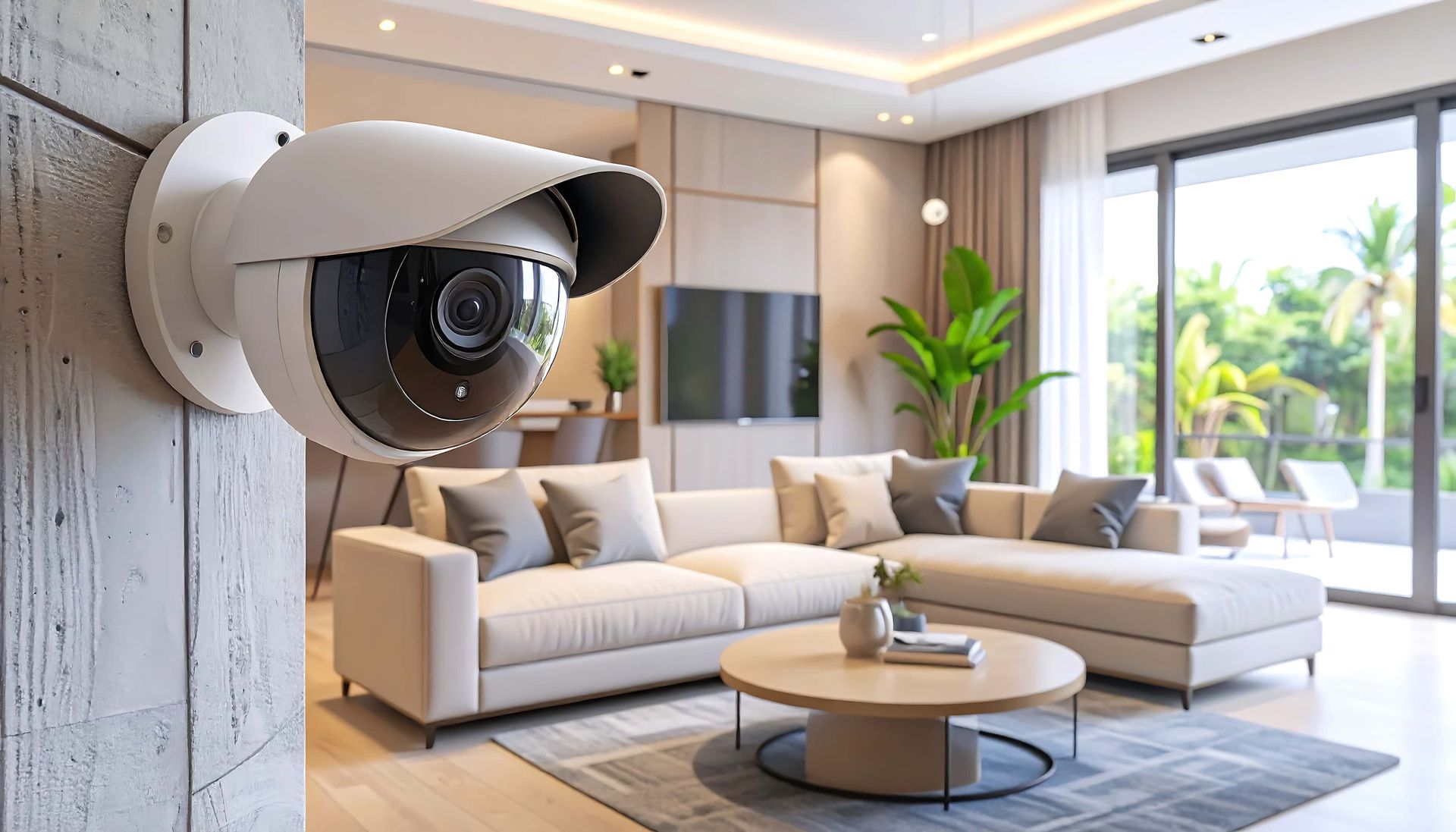Security camera in a modern living room, with a view of the couch, television, and outdoor patio.