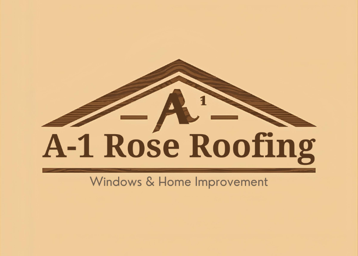 Logo for A-1 Rose Roofing, featuring a brown roof icon above the company name and text "Windows & Home Improvement".