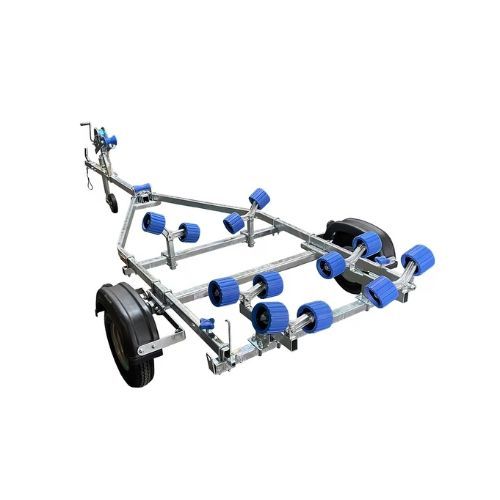 Boat trailer with blue rollers and black tires.