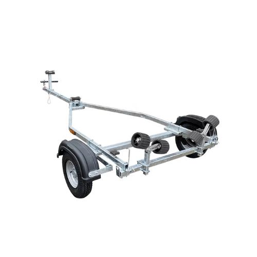 Boat trailer, galvanized steel frame with two tires and rollers for boat support.