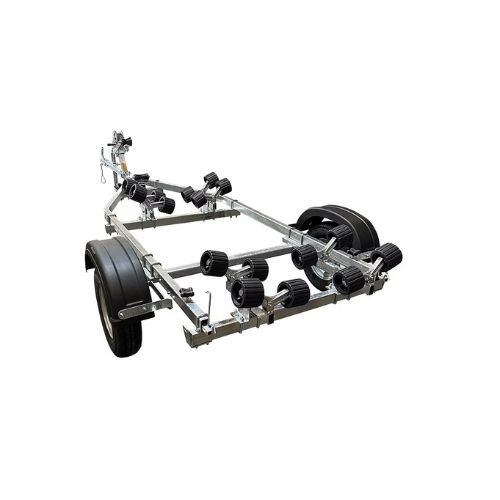 Boat trailer with multiple rollers, black tires, and a metal frame.