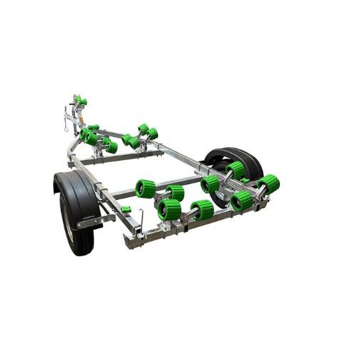 Boat trailer with multiple rollers, black tires, and a metal frame.