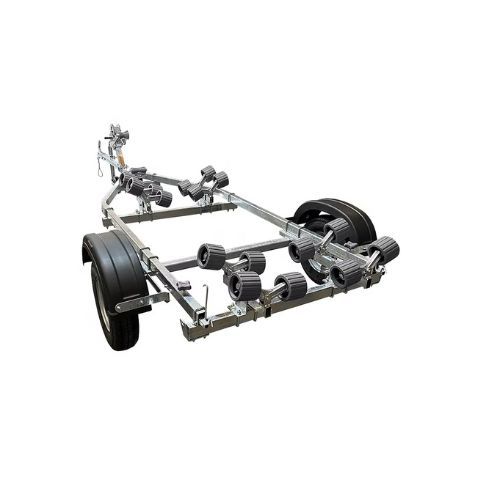 Boat trailer with black wheels and multiple rollers.