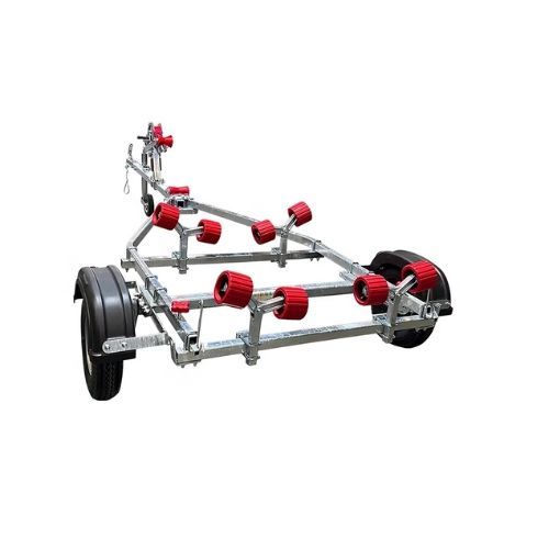 Boat trailer with rollers and tires, isolated on white background.