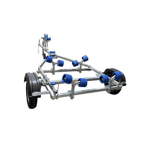 Boat trailer with blue rollers and wheels, isolated on white.