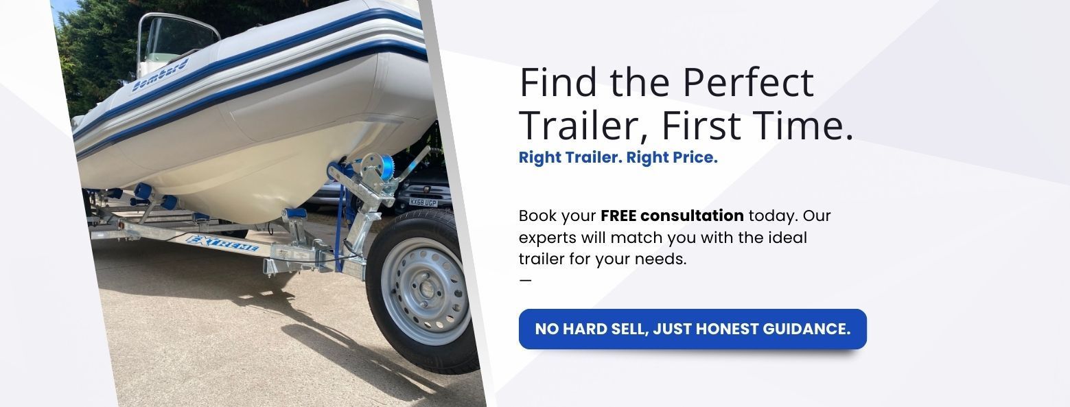 Boat on trailer, blue accents. Text: Find the perfect trailer, first time.  Call to action, Free Series Today.