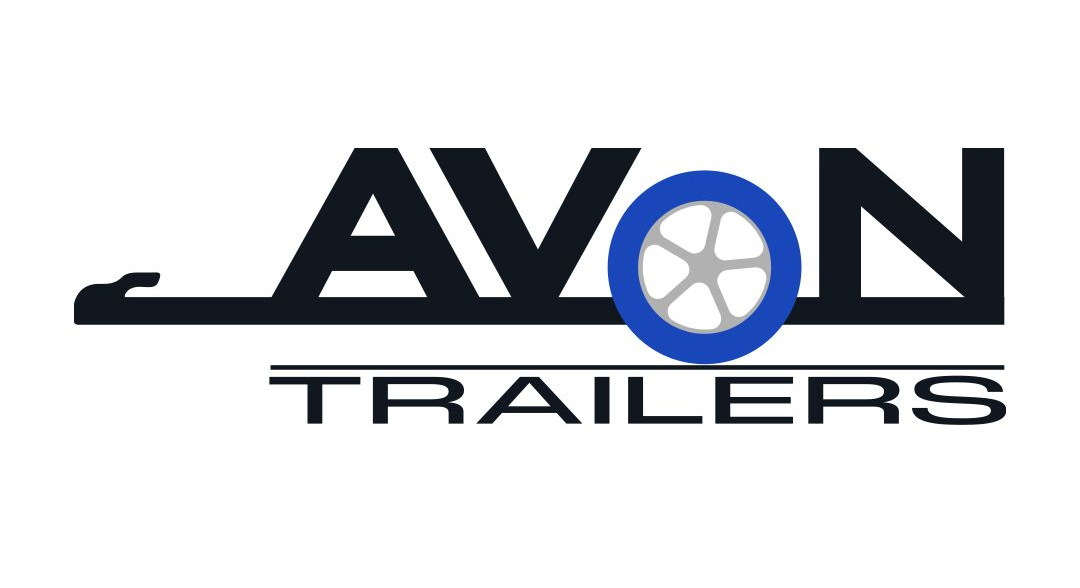 Logo for Avon Trailers; black letters, blue wheel graphic, text 