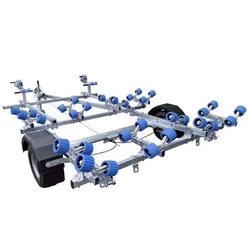Boat trailer with blue rollers and one black wheel.