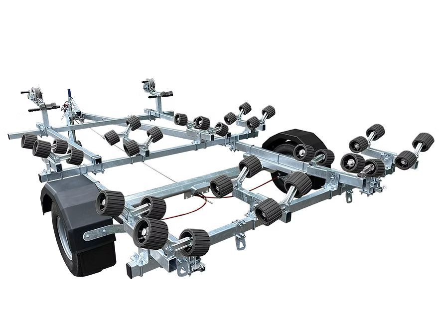 Boat trailer with multiple black rollers and a single black tire.