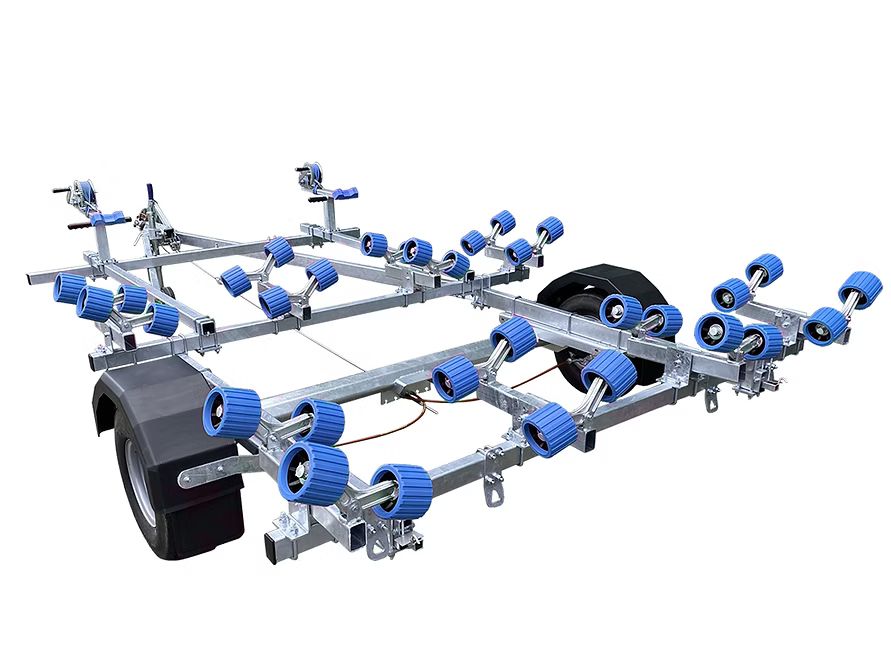 Boat trailer with blue rollers, gray metal frame, and black tire.