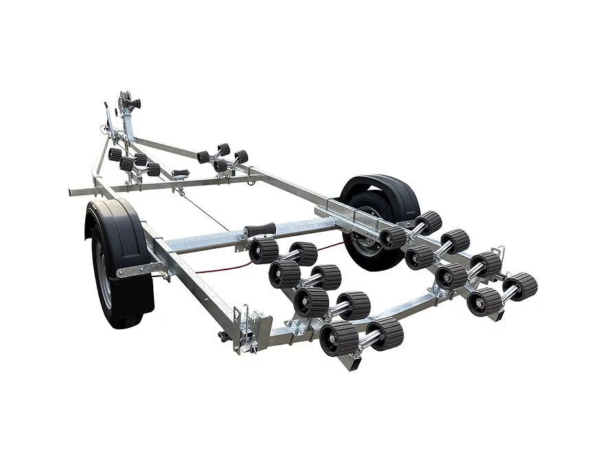 Boat trailer with multiple rollers on a white background.