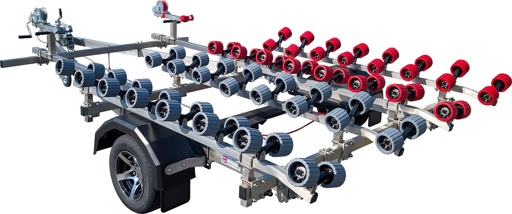 Boat trailer with rows of blue and red rollers.