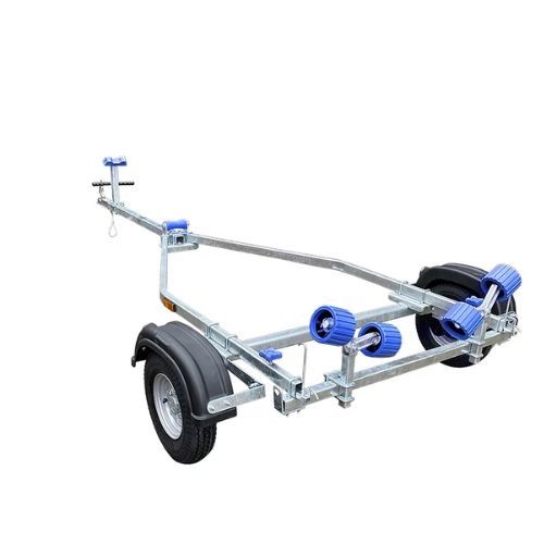 Boat trailer with blue rollers and fenders, angled on white background.