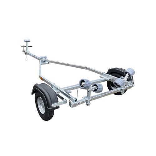 Boat trailer, galvanized steel frame with two tires and rollers for boat support.