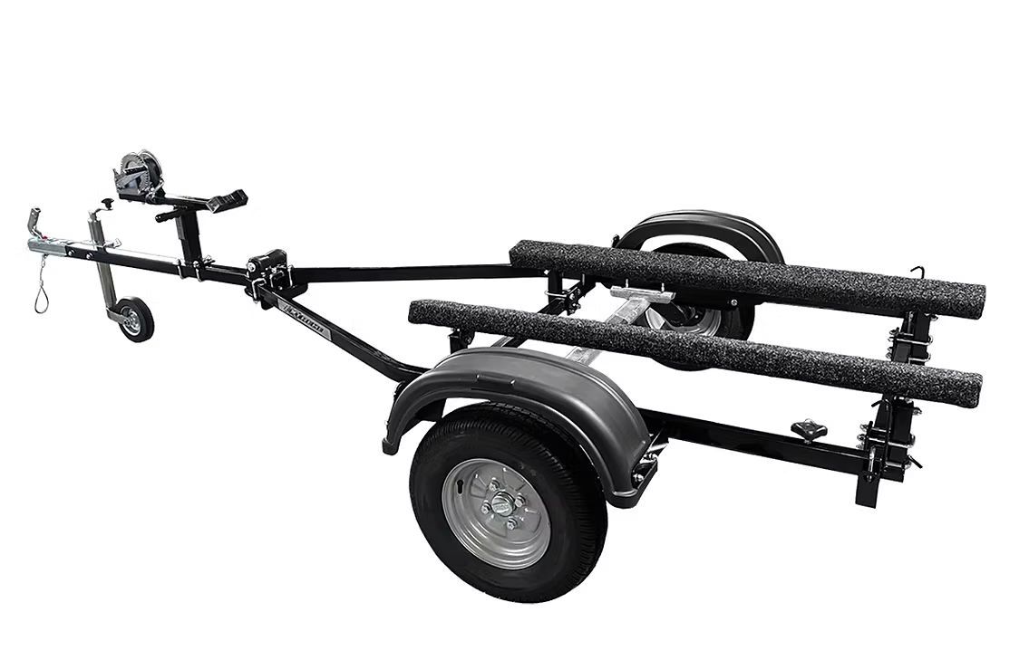 Black boat trailer with two padded supports, wheels, and a winch.