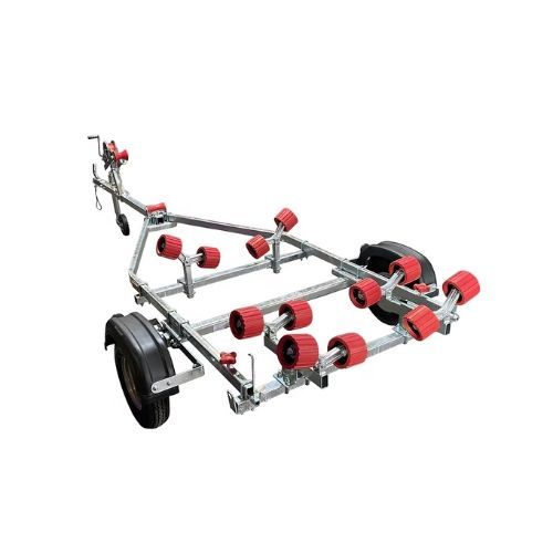 Boat trailer with red rollers, galvanized steel frame, and black tires.