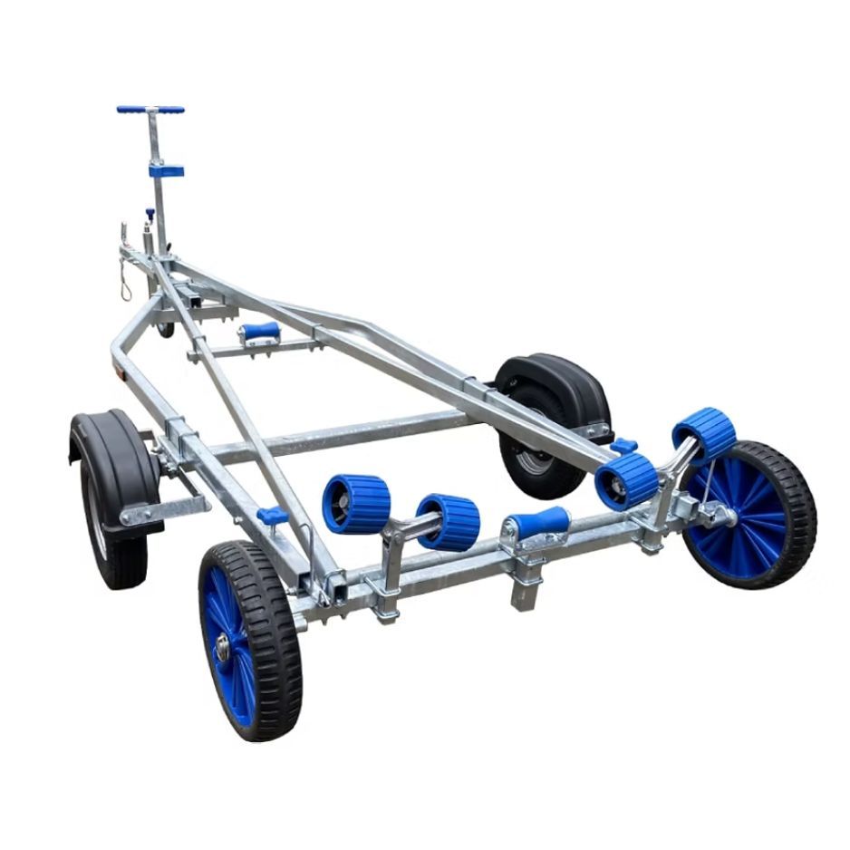 Boat trailer with blue rollers and wheels, on a white background.