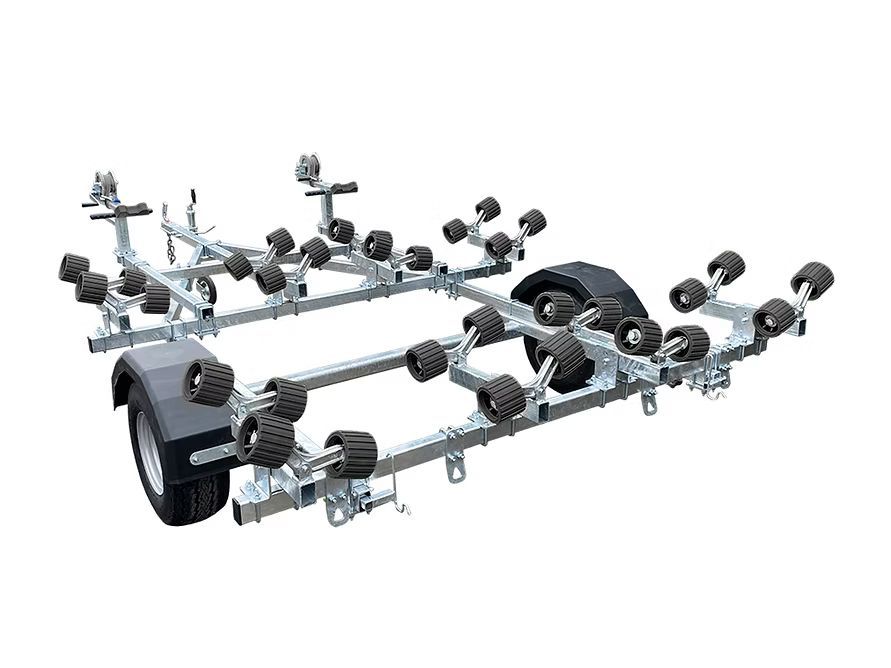 Boat trailer with multiple black rollers and a wheel.