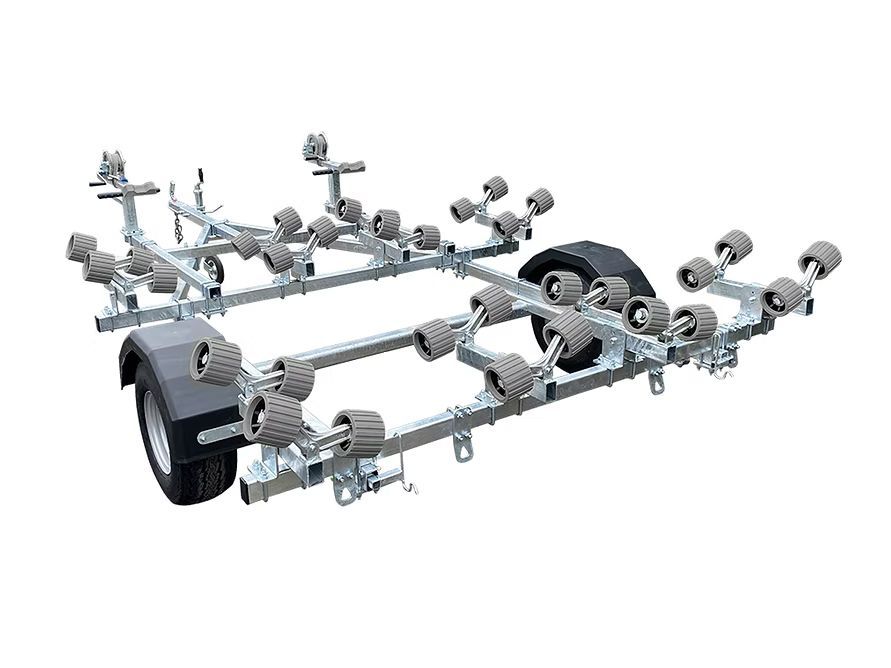 Boat trailer with multiple black rollers and a wheel.