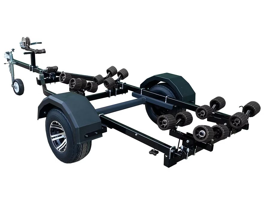Boat trailer with black frame, wheels, and rollers.