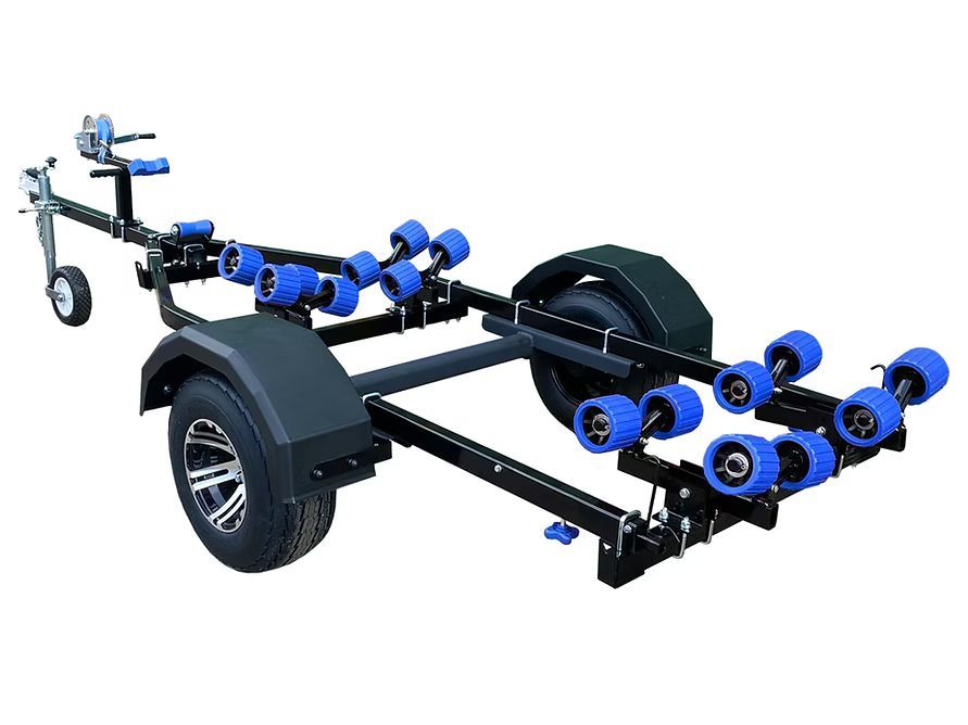Black boat trailer with blue rollers and wheels, on a white background.