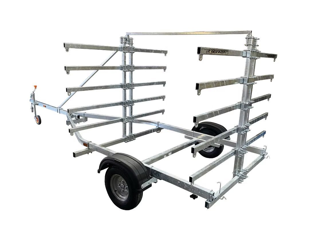 Galvanized steel kayak trailer with multiple horizontal storage racks.