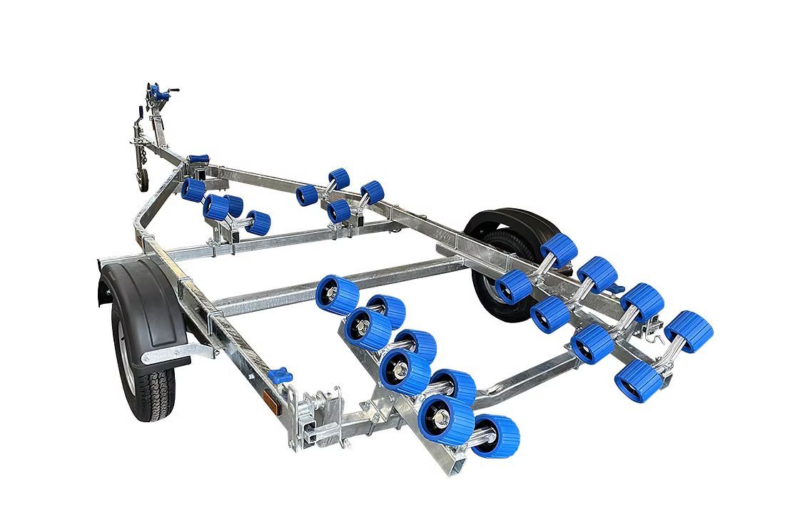 Boat trailer with blue rollers.