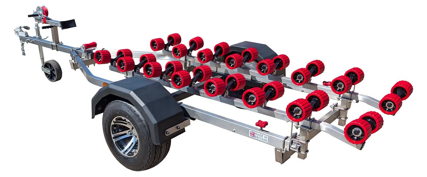 Boat trailer with red rollers, gray frame, and black fenders.