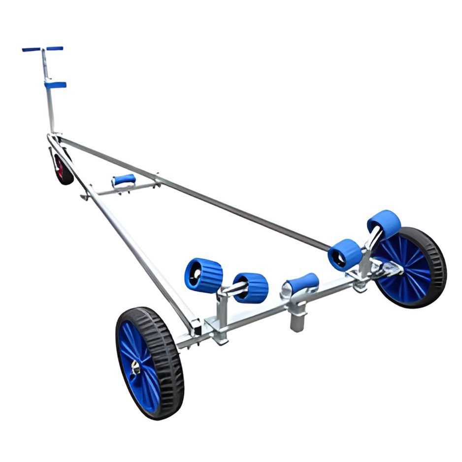 Boat launching dolly with blue and black wheels and rollers.