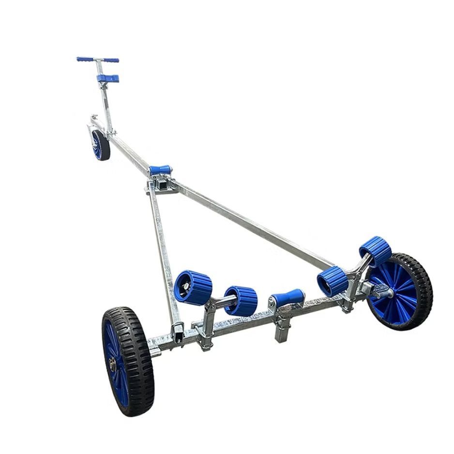 Boat launching dolly with blue wheels and rollers on a white background.